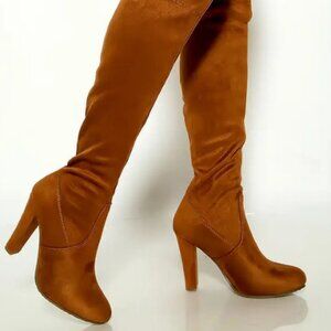 Tan Faux Fur Chunky High Heel Thigh High Boots